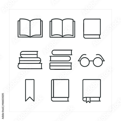 Minimalist book and reading icons set with stacks, glasses, and bookmarks
