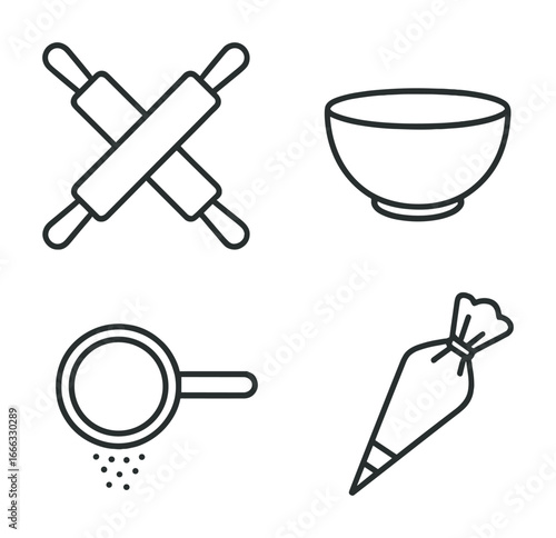 Minimalist line art of baking tools: rolling pin, bowl, sieve, piping bag