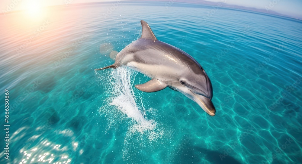 Naklejka premium Bottlenose Dolphin Jumping Out of Crystal Clear Turquoise Water at Sunrise