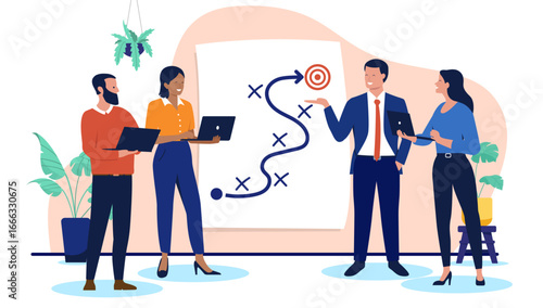 A modern flat design vector illustration of a diverse business team collaborating on a strategic plan to achieve a common goal in the office