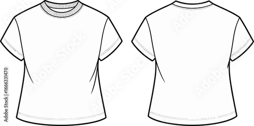 Basic t-shirt vector illustration with front and back flat sketch, short sleeves, round neckline, casual unisex apparel design template, fashion outline drawing.