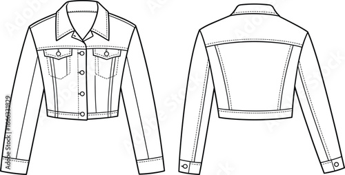 Blank denim jacket fashion flat sketch, front and back technical drawing template, long sleeve outerwear apparel vector illustration for clothing design and fashion