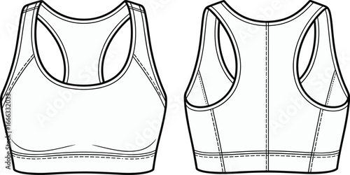 Blank sports bra fashion flat sketch, front and back technical drawing template, activewear apparel vector illustration for clothing design, fitness wear, gym fashion, workout style