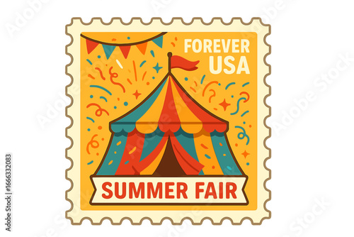 Summer fair postage stamp with a circus tent and confetti. Vector illustration for a festive event or carnival celebration. Retro cartoon design for entertainment or holiday themes.