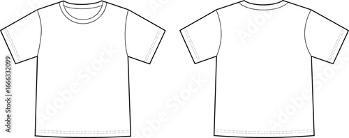 Blank t-shirt fashion flat sketch, front and back technical drawing template, apparel clothing vector illustration for casual wear design, garment template, unisex fashion style