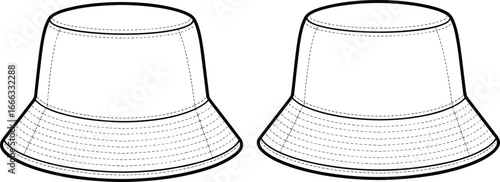 Bucket hat fashion flat sketch vector, front and back technical drawing template, unisex summer hat design illustration, casual streetwear headwear outline