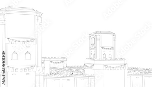 Modular fortress wireframe drawing in black and white, featuring two detailed towers and intricate architectural elements against a clean white background.