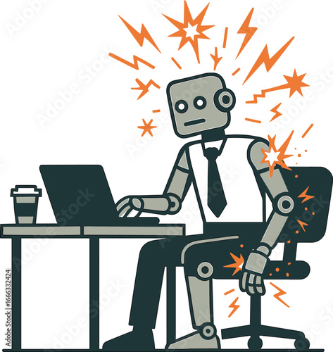 Stressed Robot Worker Overwhelmed at Computer