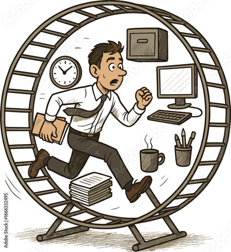Businessman running in a hamster wheel at work