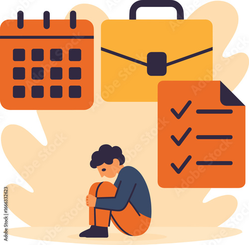Overwhelmed person with calendar, briefcase, and checklist