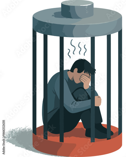 Man trapped in battery cage symbolizing low energy or burnout