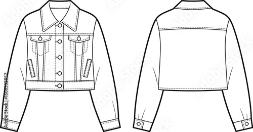 Fashion flat sketch denim jacket template, front and back technical drawing, unisex outerwear clothing design, casual streetwear style illustration for apparel