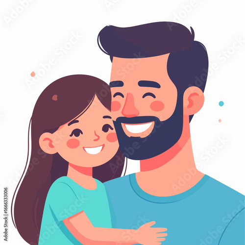 Joyful cartoon father and daughter illustration, embracing with wide smiles and rosy cheeks.