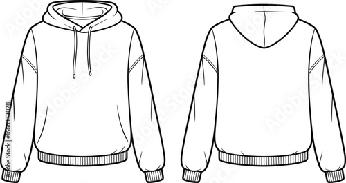Fashion flat sketch hoodie with drawstring template, front and back technical drawing, unisex sweatshirt vector outline, casual streetwear clothing design illustration for apparel