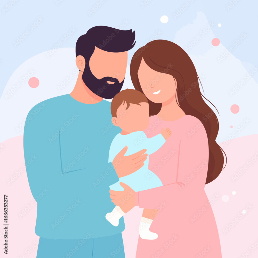 Obraz premium Loving family portrait - father, mother, and baby embracing, depicted in a modern flat illustration style with warm colors.