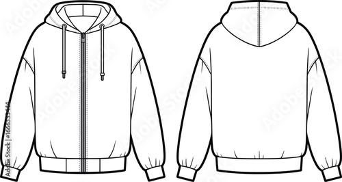 Hoodie jacket technical flat sketch vector template, front and back view with drawstring hood, zipper closure, long sleeves, ribbed hem and cuffs illustration