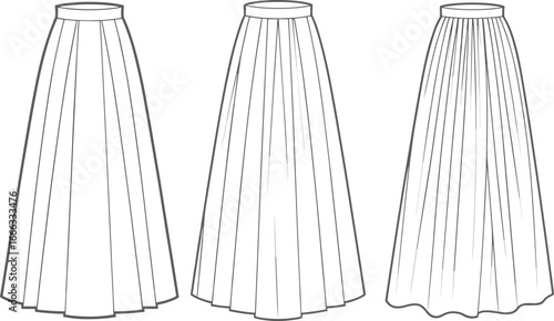Long pleated skirt fashion flat sketch vector template, front technical drawing illustration with waistband design, elegant women apparel clothing garment outline illustration