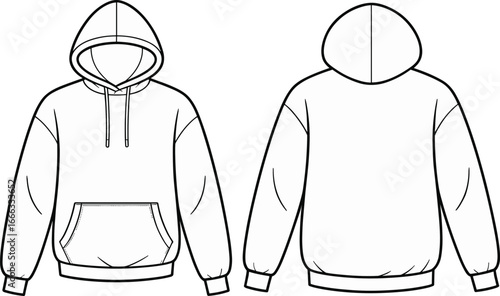 Pullover hoodie technical flat sketch vector template, front and back view with drawstring hood, long sleeves, ribbed hem, cuffs, and kangaroo pocket illustration