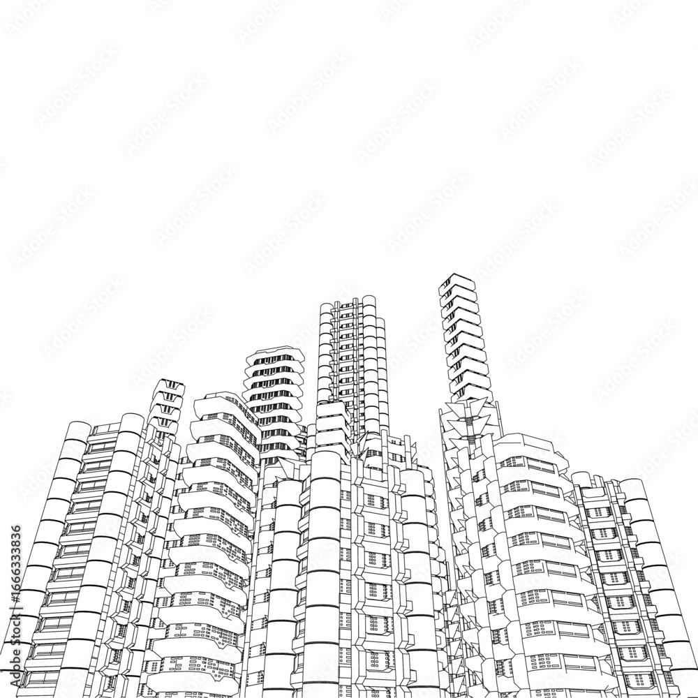 Fototapeta premium A sci-fi cityscape with a towering building featuring countless windows, drawn in clean black contour lines against a stark white background.