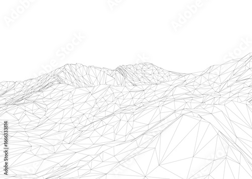Black and white geometric mountain terrain with wireframe design, composed of various shapes and lines on a white background.