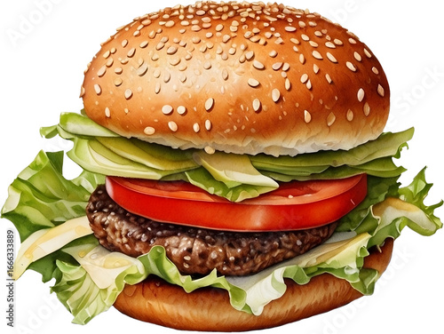 Wallpaper Mural Grilled beef hamburger with vegetable slice drawing by watercolor. Torontodigital.ca