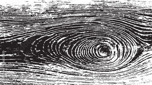  close-up of  black and white wood grain texture featuring  prominent knot and rough surface details.