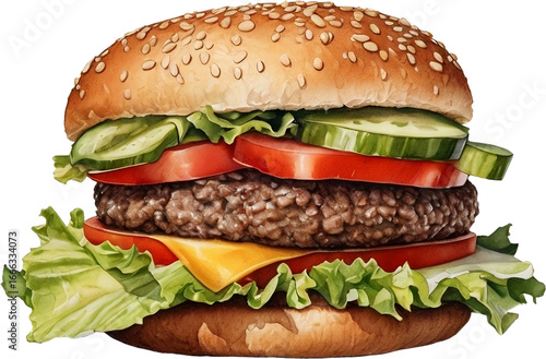 Wallpaper Mural Grilled beef and cheese hamburger with vegetable slice drawing by watercolor. Torontodigital.ca