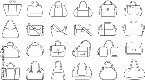 Vector illustration set of various women handbags and purses, modern fashion accessories collection, stylish outline bag icons for shopping, travel, and everyday use
