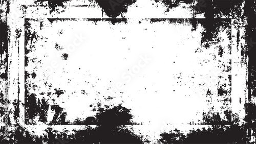  black and white distressed grunge frame with  rough texture and splattered details.