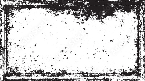  black distressed border surrounds  white background with scattered black specks.