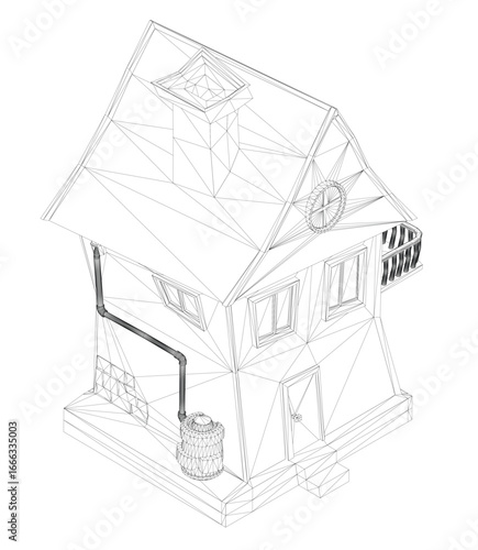 Black and white toon house with chimney, wireframe style, clean lines, white background.