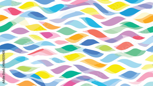  vibrant abstract pattern of overlapping translucent wavy shapes in various bright colors on  white background.