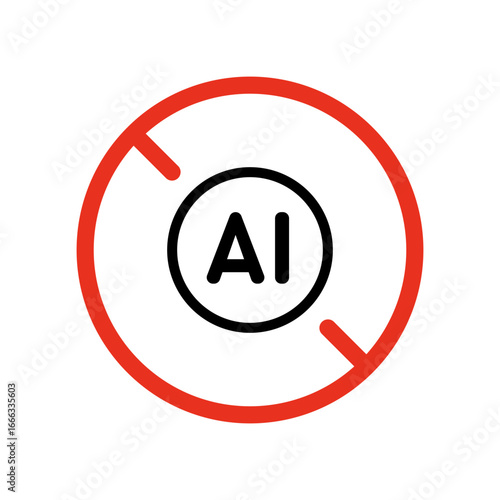 Forbidden circle with AI sign, ban icon. Artificial intelligence prohibition red symbol. Red circle with cross line. Restriction technology, caution, stop. Vector isolated illustration