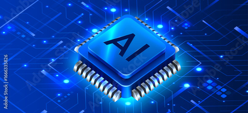 Brightly glowing AI computer chip. Technology concept. CPU processor. Computer microchip.