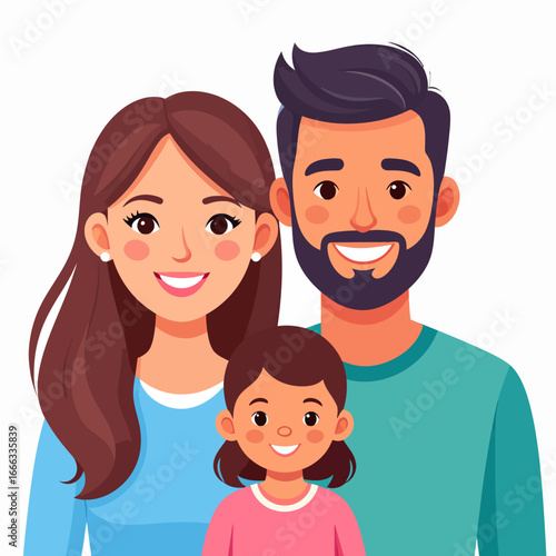Cheerful Cartoon Family Portrait with Smiling Parents and Daughter.