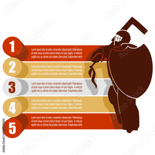 Illustration of ice hockey goalie with knight shield. Concept of five features or option of project to select. Minimal infographic illustration for sport information visualization.