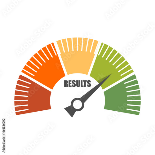 Speedometer, gauge meter icon. Scale, level of performance and progress. Speed dial indicator. Low and high dashboard with arrow. Infographic of education, score progress. Results inscription
