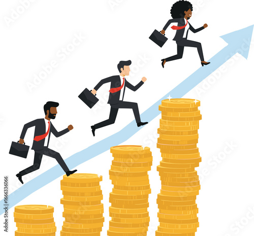 Diverse business people running up a financial growth arrow over stacks of gold coins.