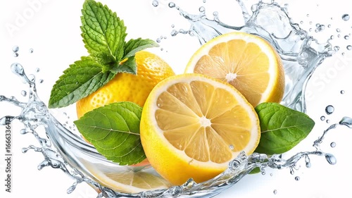 Fresh lemons splashing in water with mint leaves create a bright and refreshing atmosphere in the culinary environment.