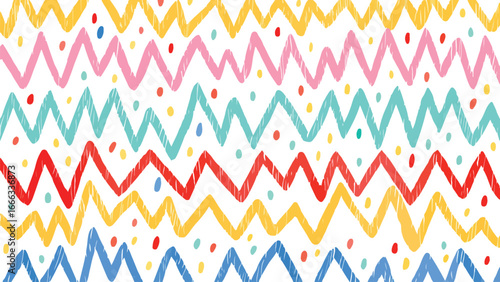  cheerful pattern of colorful zigzag lines and scattered dots on  white background.