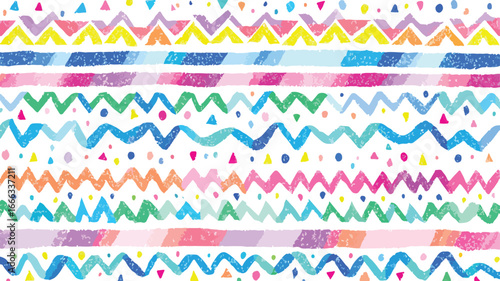  vibrant pattern featuring horizontal rows of colorful zigzag stripes and scattered dots on  white background.