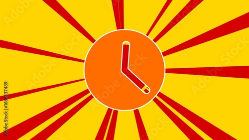 Time symbol on the background of animation from moving rays of the sun. Large orange symbol increases slightly. Seamless looped 4k animation on yellow background