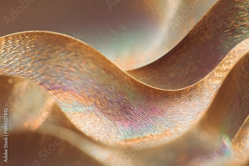 An abstract close-up shot of a textured golden ribbon with iridescent highlights, creating a sense of flow and movement. The soft focus enhances the ribbon's curves, giving a delicate feel