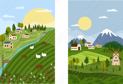 Set of illustrations with agricultural life. River with bridge, pastures with animals. Farm houses on the background of mountains. Concept of agriculture and natural beauty. Vector illustration