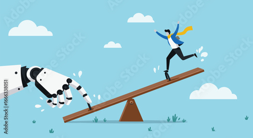 AI empowerment, human progress, robotic assistance, technology collaboration, business elevation, innovation metaphor, seesaw concept, future workforce, uplift