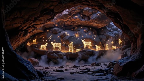 Ancient rock art depicting human and animal figures illuminated by soft light in a rocky environment during twilight hours