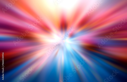 Vibrant light rays burst outwards in a dynamic abstract pattern, showcasing a colorful blend of red, blue, and pink hues.