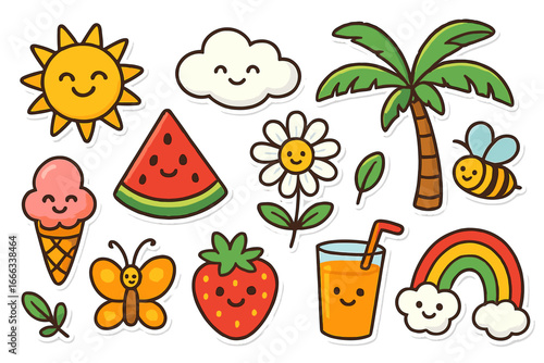 Cute summer sticker set. Kawaii cartoon characters with smiling faces. Sun, rainbow, palm tree, fruit, flower, bee, butterfly and ice cream. Vector doodle icon pack for kids.