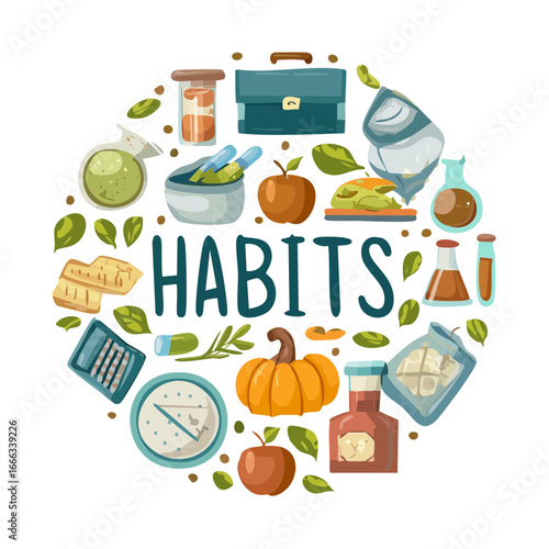 Good habits vector illustration with lifestyle routine items on black background