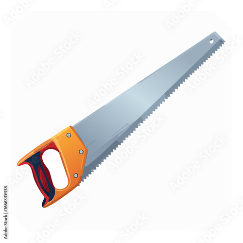 Hand saw with an orange handle on a white background. Carpenters tool for sawing wood, plastic, or metal.